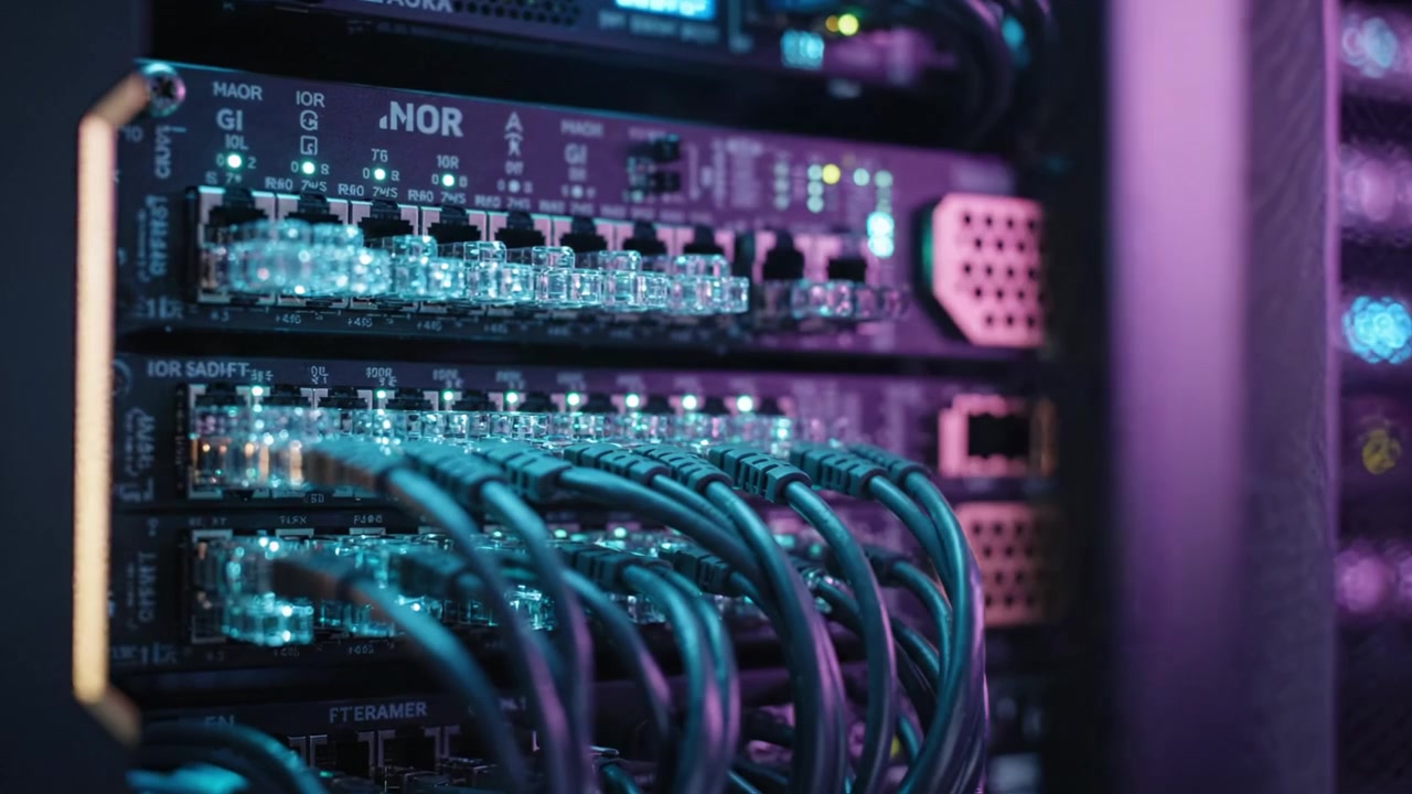 A close-up view of a high-tech data center's server rack, showcasing intricate wiring and illuminated network components highlighting advanced technology.