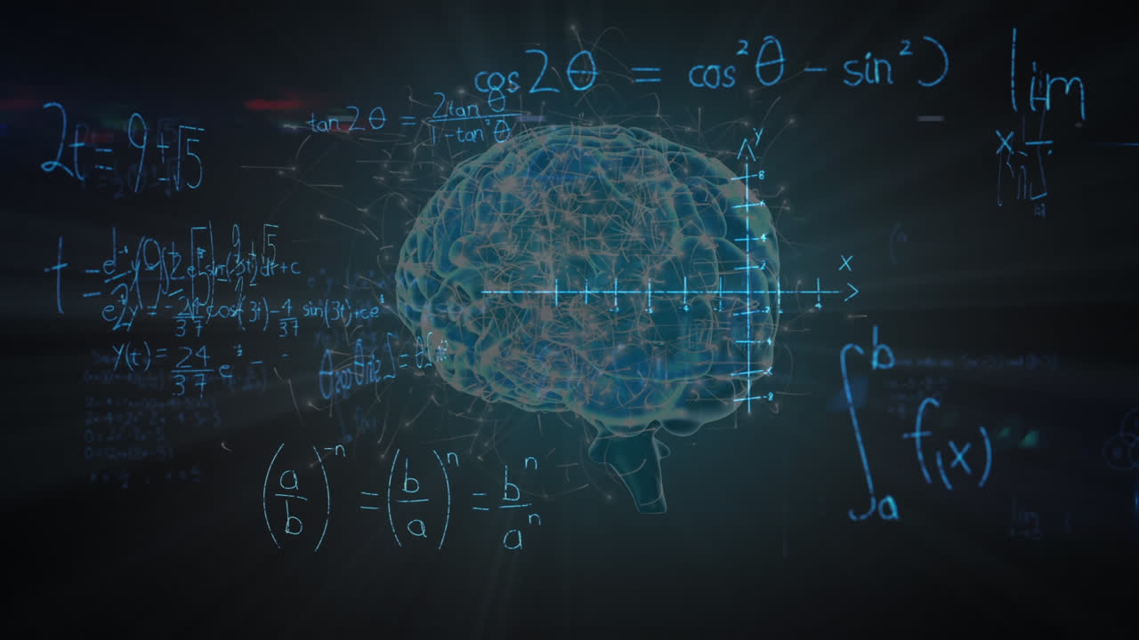 animación de ecuaciones matemáticas sobre un modelo digital del cerebro humano sobre un fondo negro