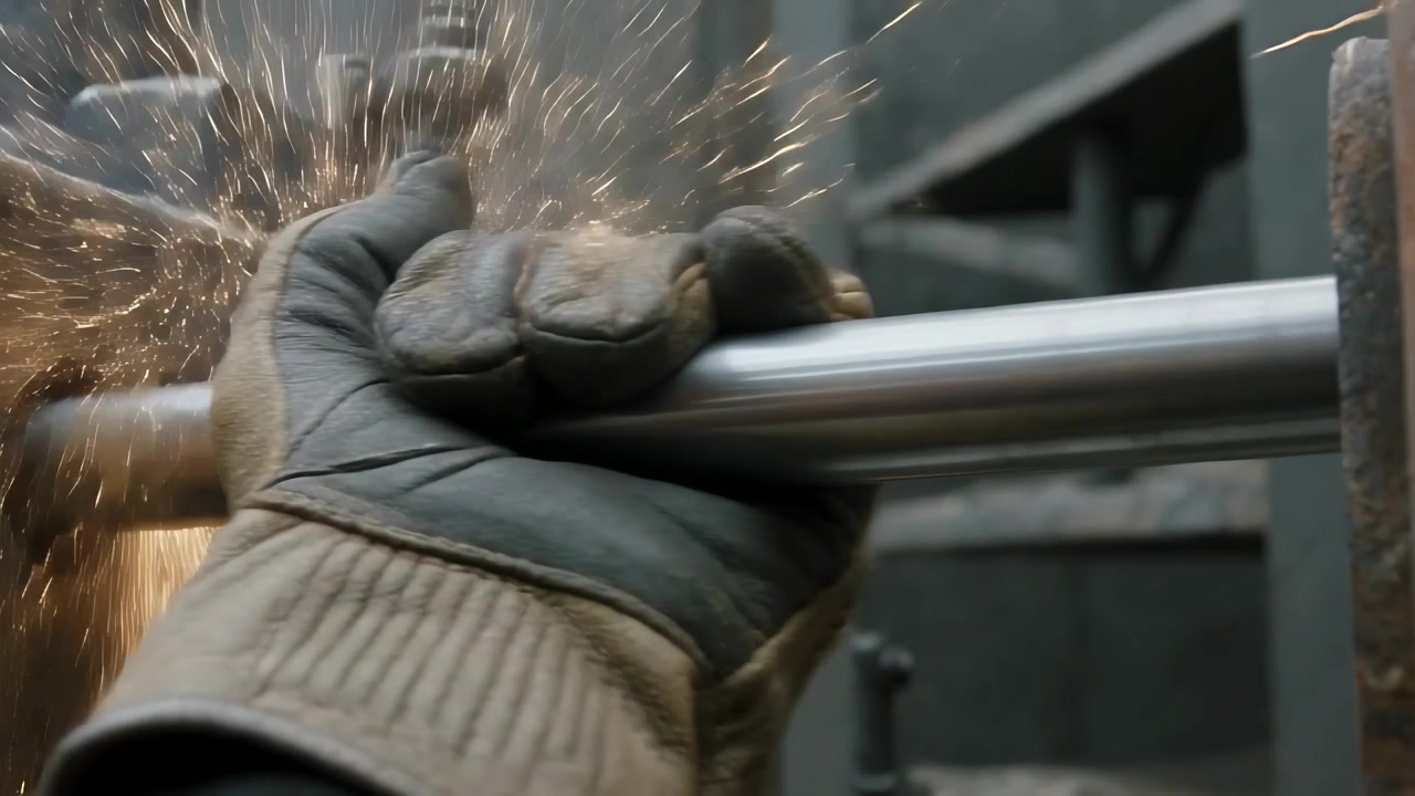 Mano enguantada sosteniendo una varilla de metal firme en un tornillo de banco de taller, una amoladora tocando la varilla, chispeando para terminar.