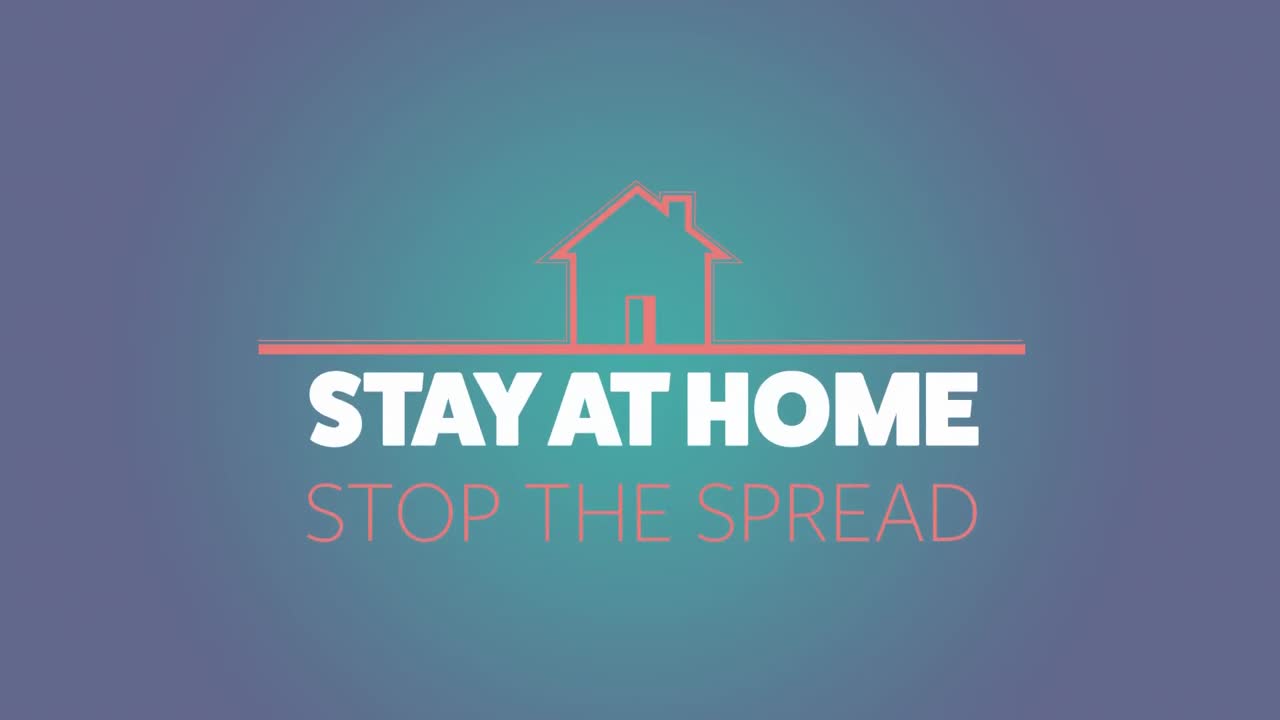 Animation of pink house with social distancing message on blue background