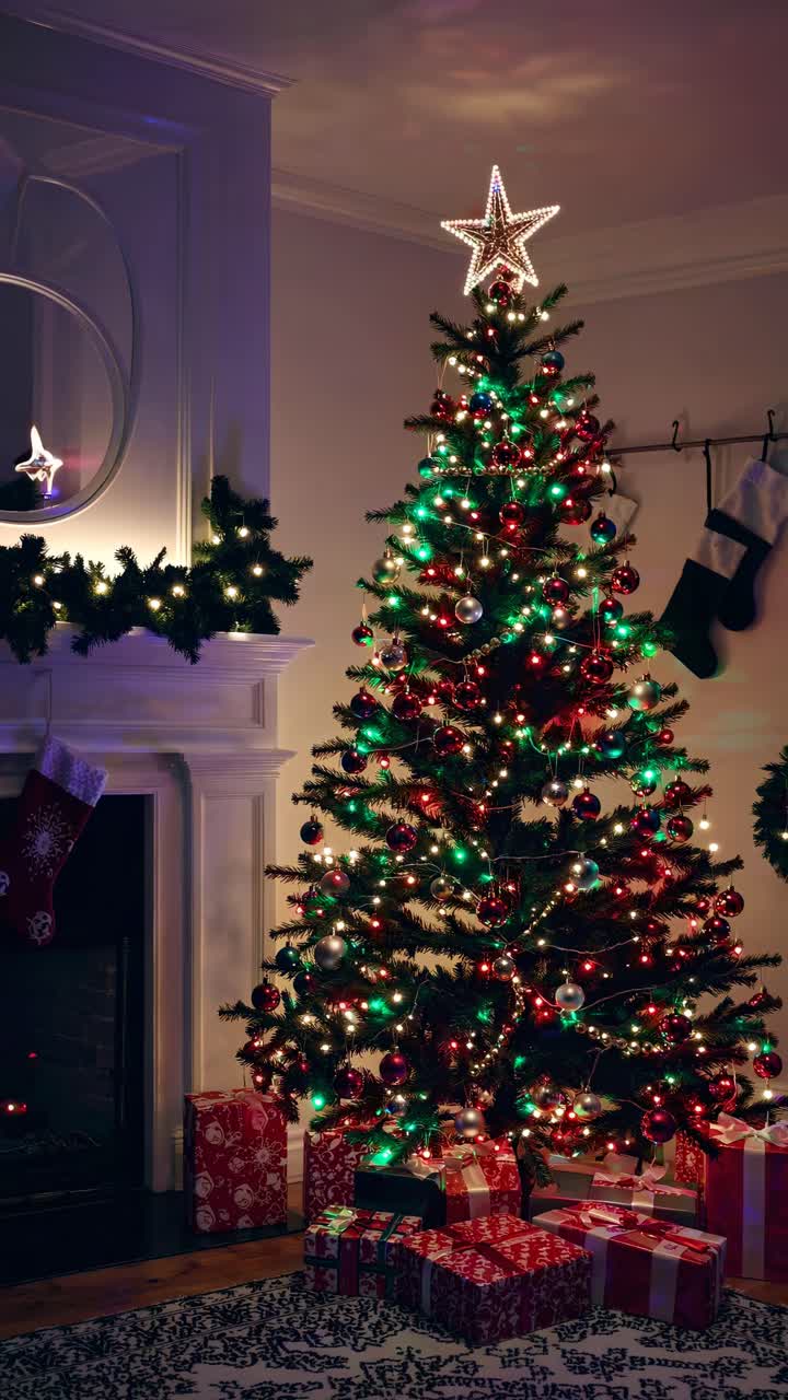 Festive Christmas tree adorned with lights and ornaments, surrounded by gifts