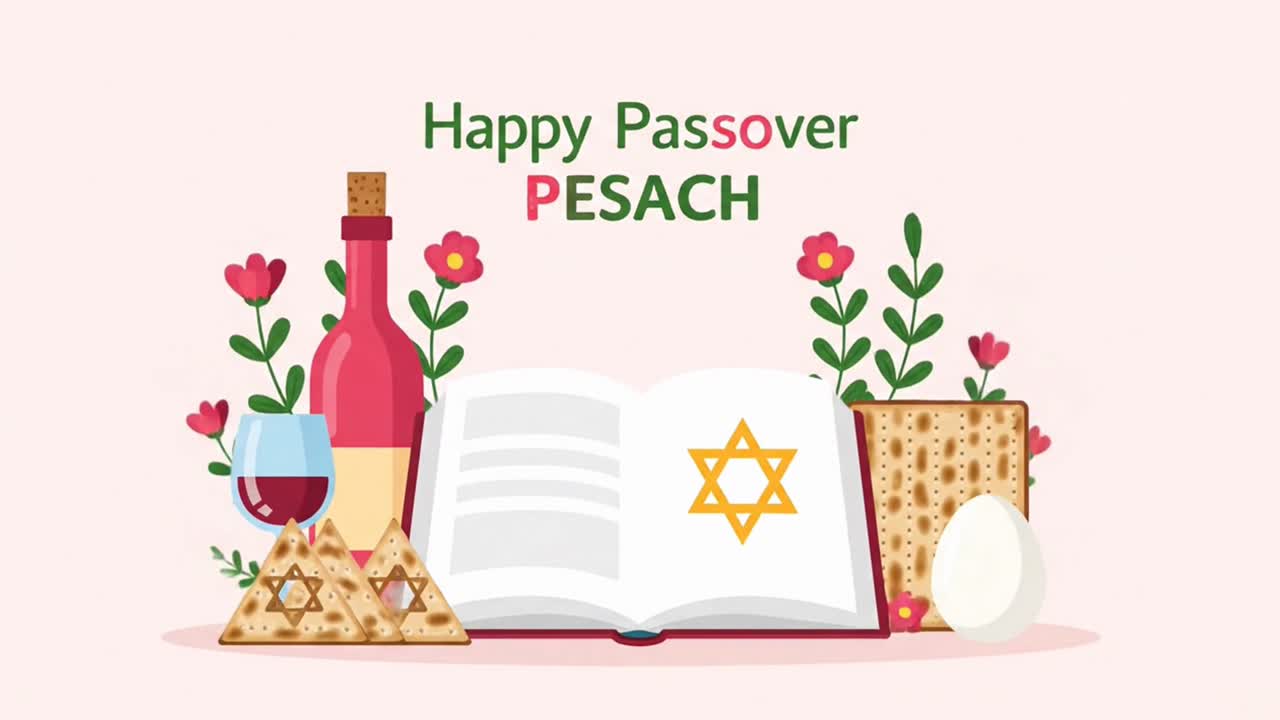 Happy passover greeting with seder plate elements