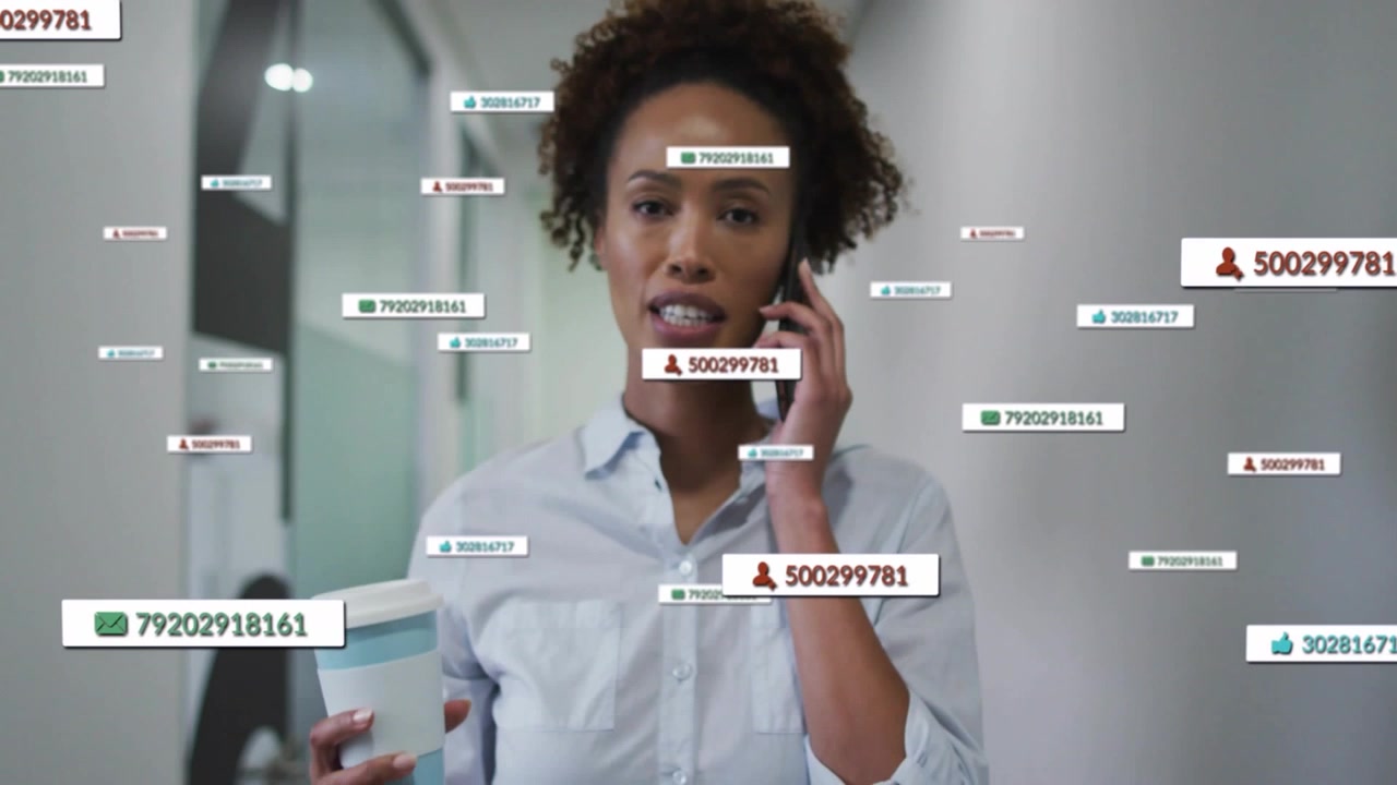 Businesswoman walking corridor on phone, call causing UI tags expanding around her discussing KPIs