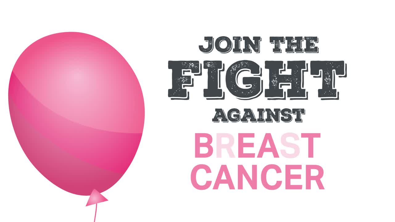 유방암 텍스트 위에 날아다니는 분홍색 풍선의 애니메이션