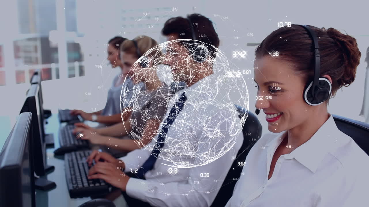Animation of globe with network of connections over diverse business people wearing phone headsets