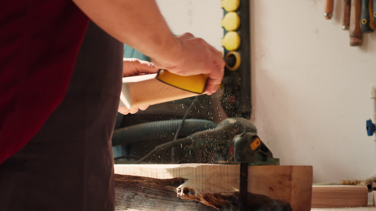 나무 가공 전문가 는 나무 를 가공 하기 위해 수동 으로 샌드 페이퍼 를 사용 한다