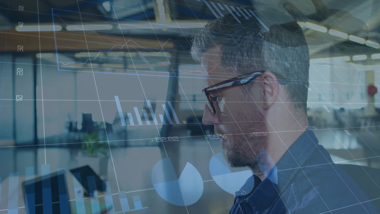 animation mehrerer grafiken mit wechselnden zahlen, kaukasischer fotograf, der die kamera überprüft