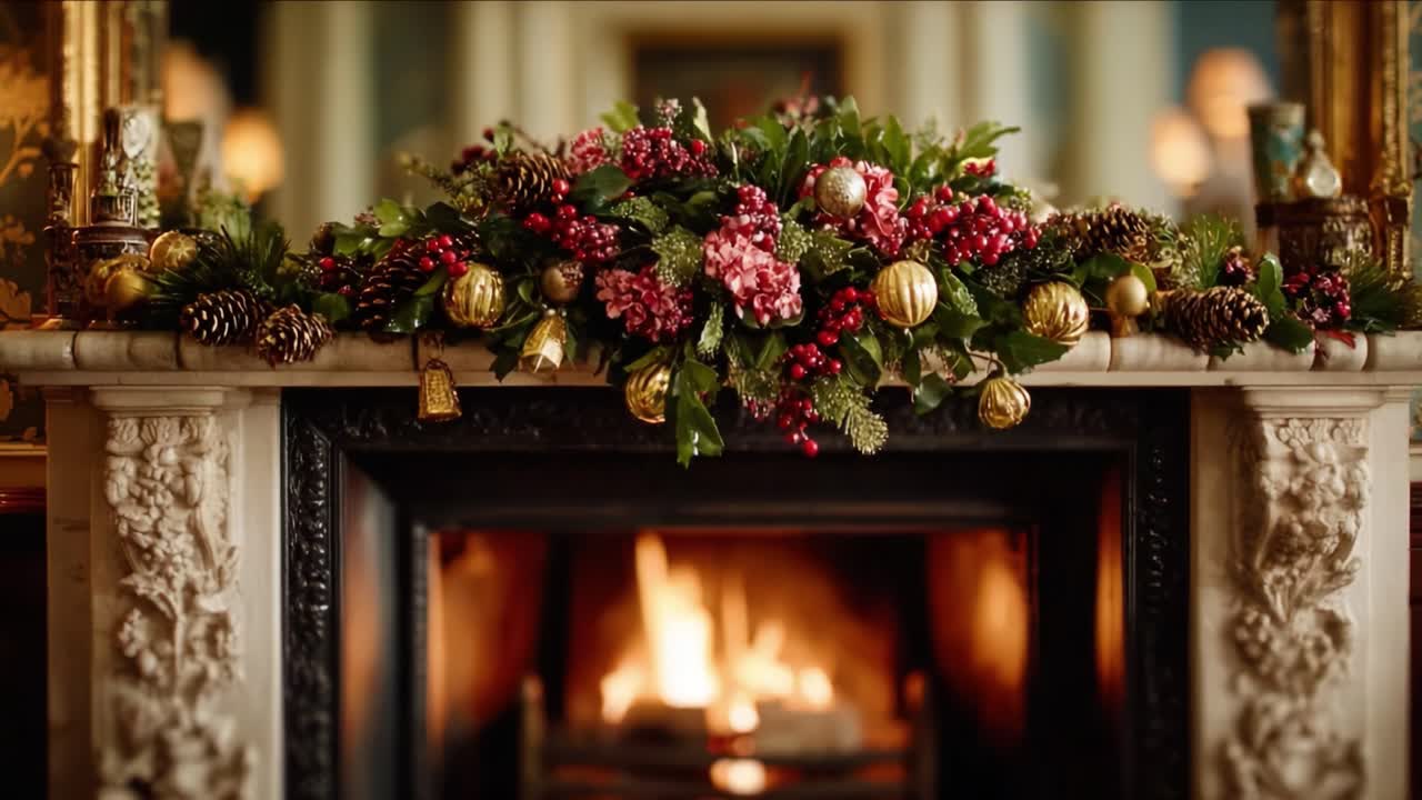 A Warm and Inviting Christmas Mantel Decorated with Lush Greenery, Richly Colored Flowers, and Elegant Ornaments, Creating a Festive Atmosphere for the Holidays