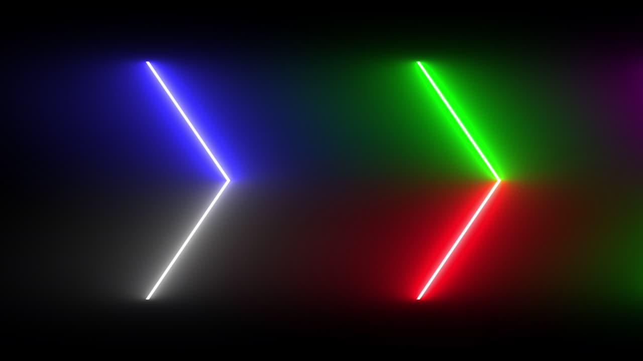 Colorful abstract blurred motion of neon line blaze glowing flashing arrow head animation loop moving random on a black background.