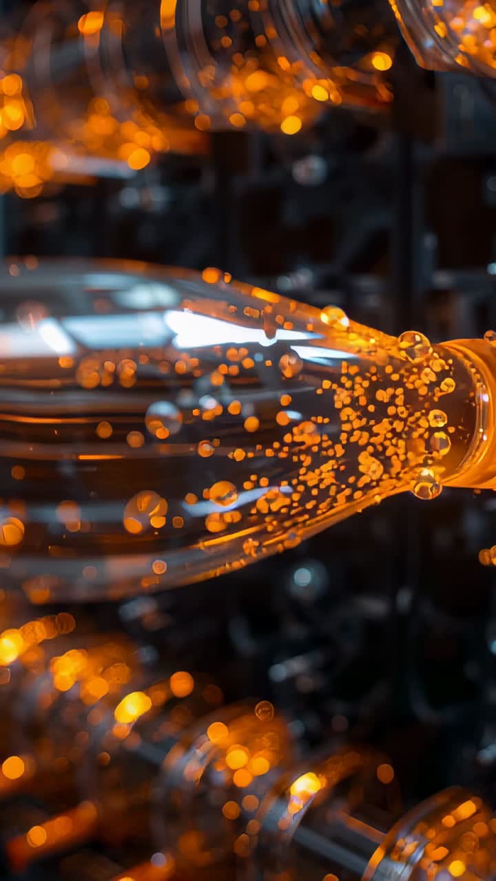 Vertical video: Moving camera revealing clear bottle lying on plant rack, showing orange bubbles