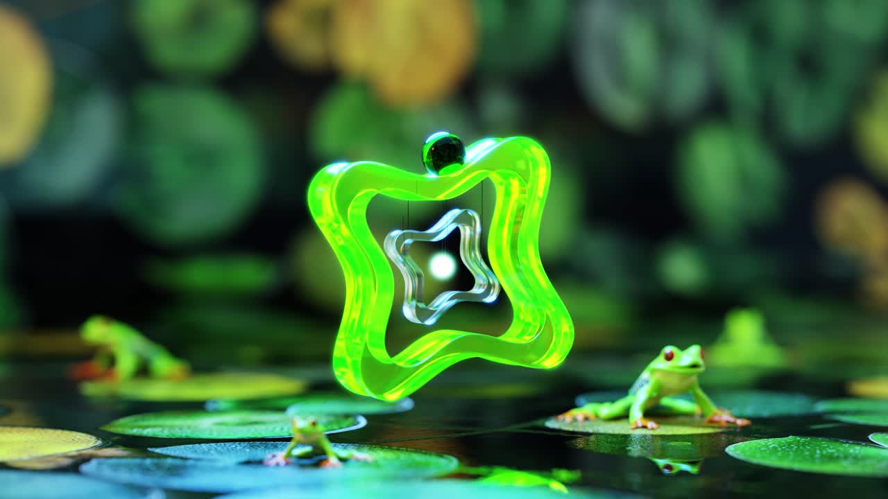 3D rendering of ball rolling on green gear floating over pond