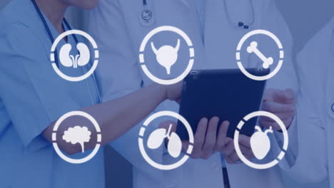 discussing patient data, medical professionals using tablet with organ animation overlay