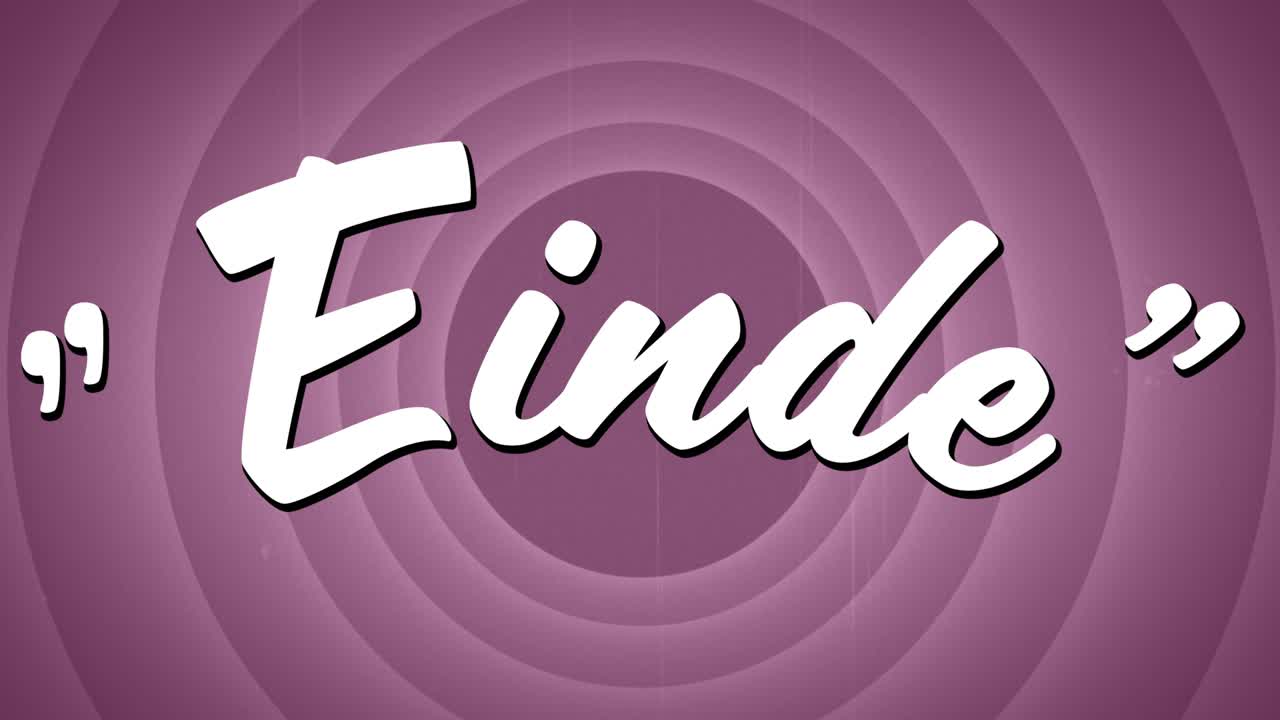 Animation af teksten 'einde' over vintage lilla cirkler