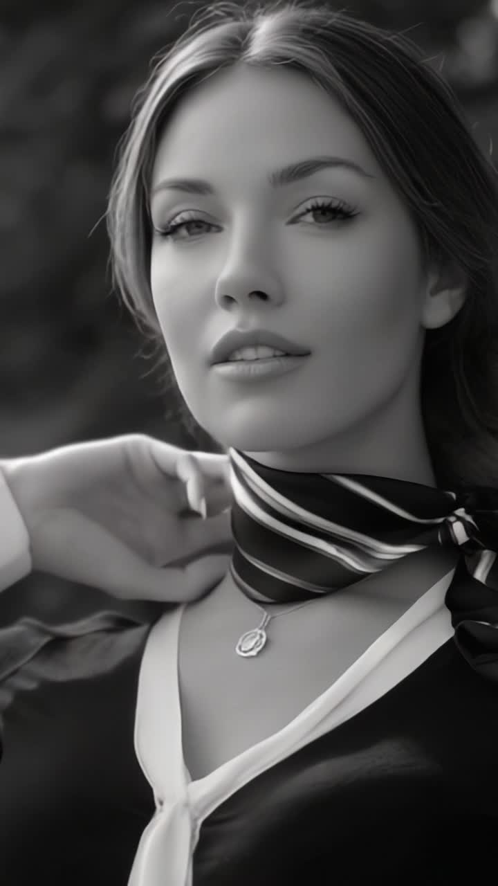 Retrato Elegante de uma Jovem Mulher Usando um Cachecol Estiloso, Capturando Graça e Sofisticação em Fotografia Preto e Branco.