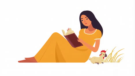 cartoon illustration of a woman reading a book with a sheep