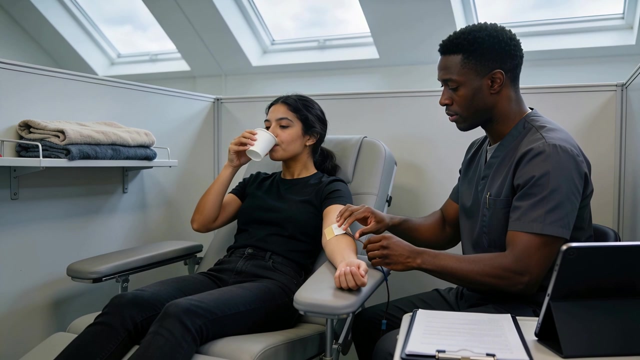 Sipping patient in black phlebotomy chair, clinician applying dressing after blood draw with cup