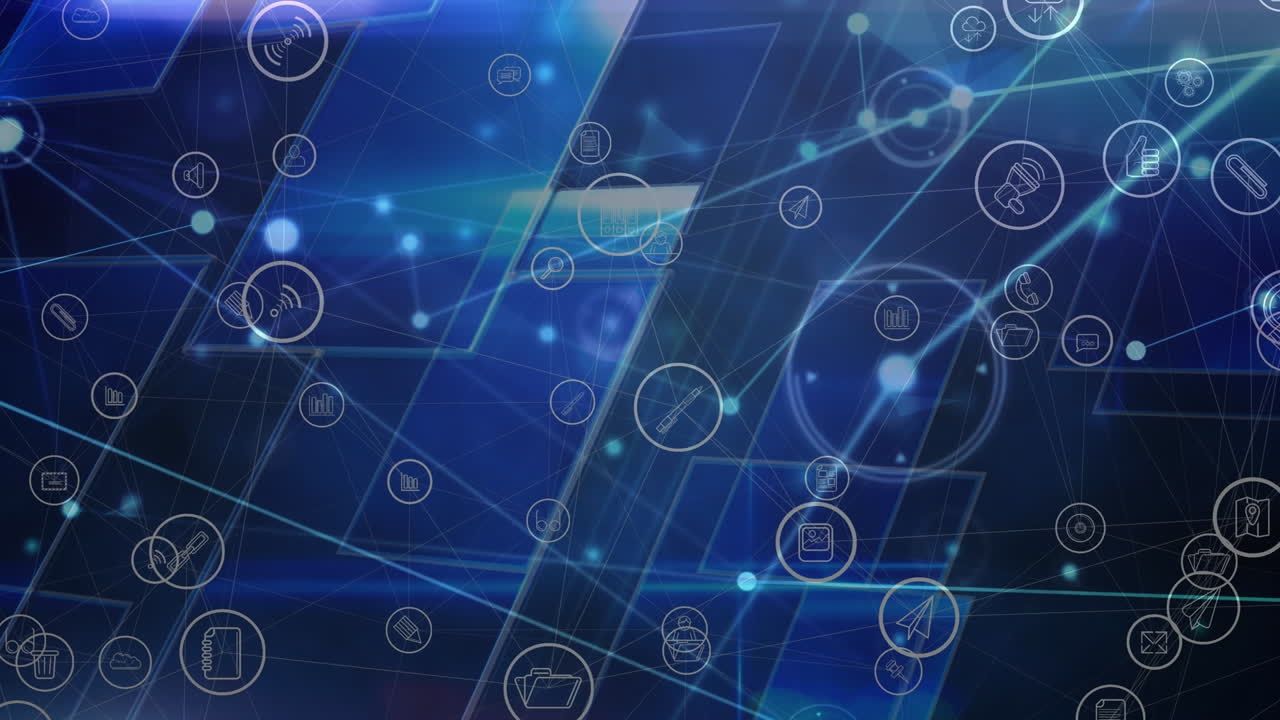 파란색 배경에 있는 데이터 처리 및 아이콘의 애니메이션