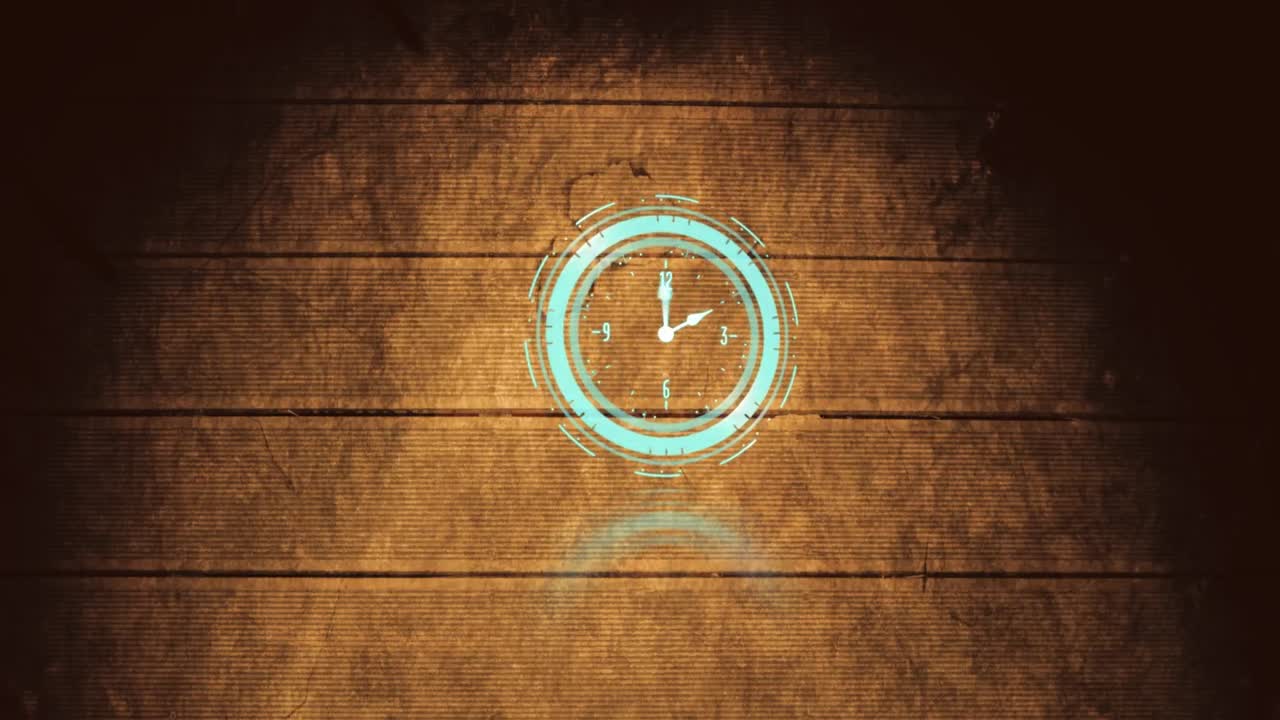 Animation of blue clock over wooden wall