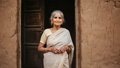 elderly woman wearing colorful sari standing near weathered mud house entrance, reflecting traditional rural lifestyle with graceful composure and dignified demeanor