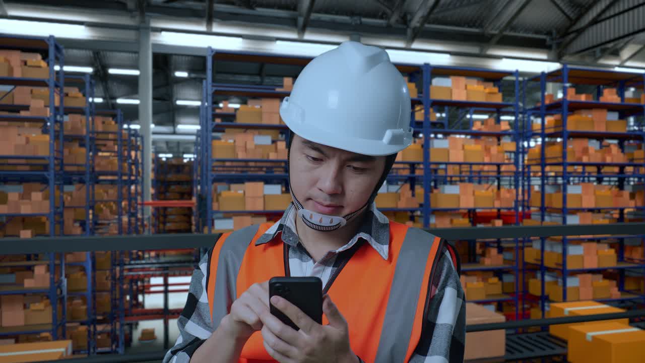 primer plano de un ingeniero masculino asiático con casco de seguridad usando un teléfono inteligente mientras está de pie en el almacén con estantes llenos de mercancías de entrega