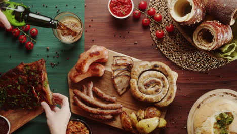 a delicious german-style food spread with beer