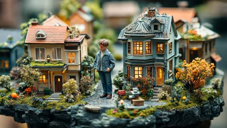 miniature village scene with a figure exploring quaint homes at dusk