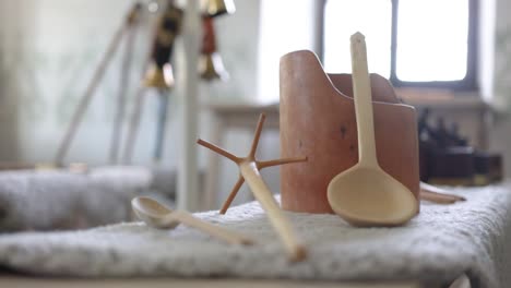 museum exposition of traditional historical slovakian wooden cooking utilities and tools