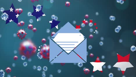 Envelope-icon-and-Covid-19-cells-against-American-flag-stars-on-blue-background