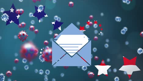 envelope icon and covid-19 cells against american flag stars on blue background