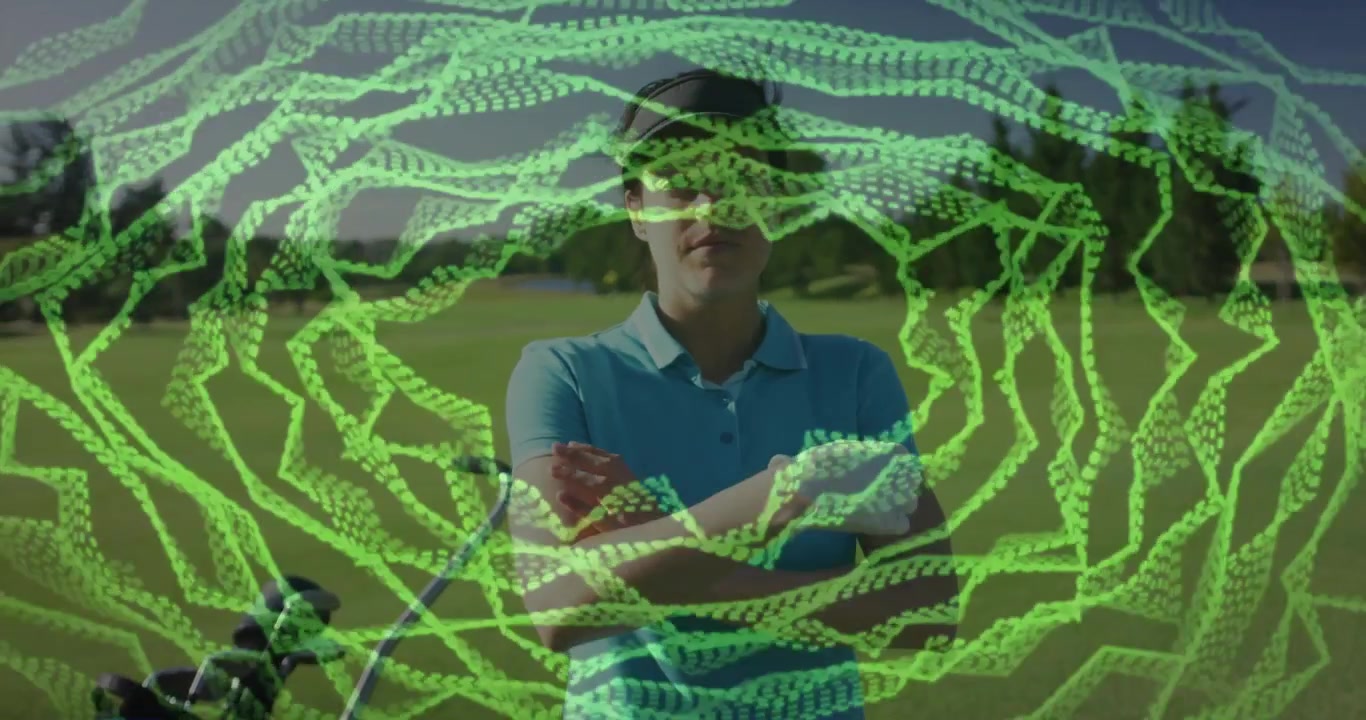 Istruttore di golf che solleva il polso verso un sensore, causando una sovrapposizione verde pulsante che guida la postura dello swing.