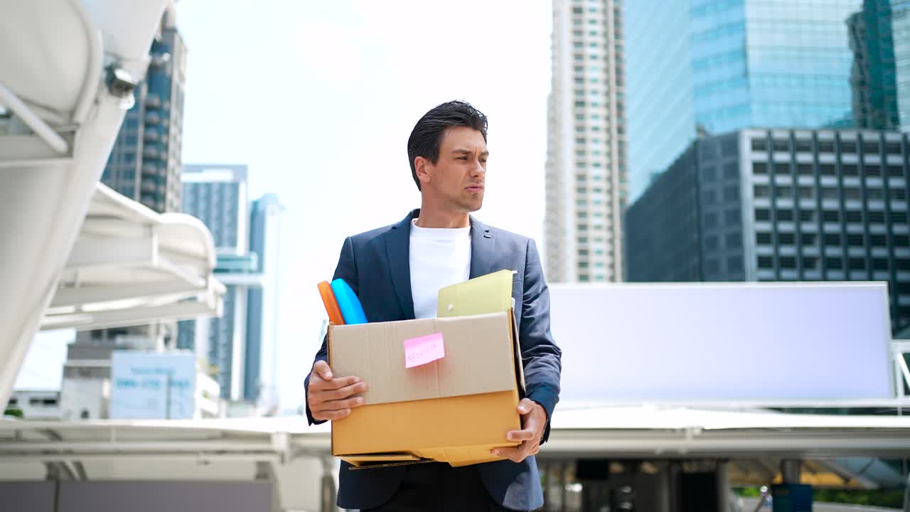 우울한 사업가가 회사에서 해고되고 개인 물건의 상자를 운반하고 있습니다.