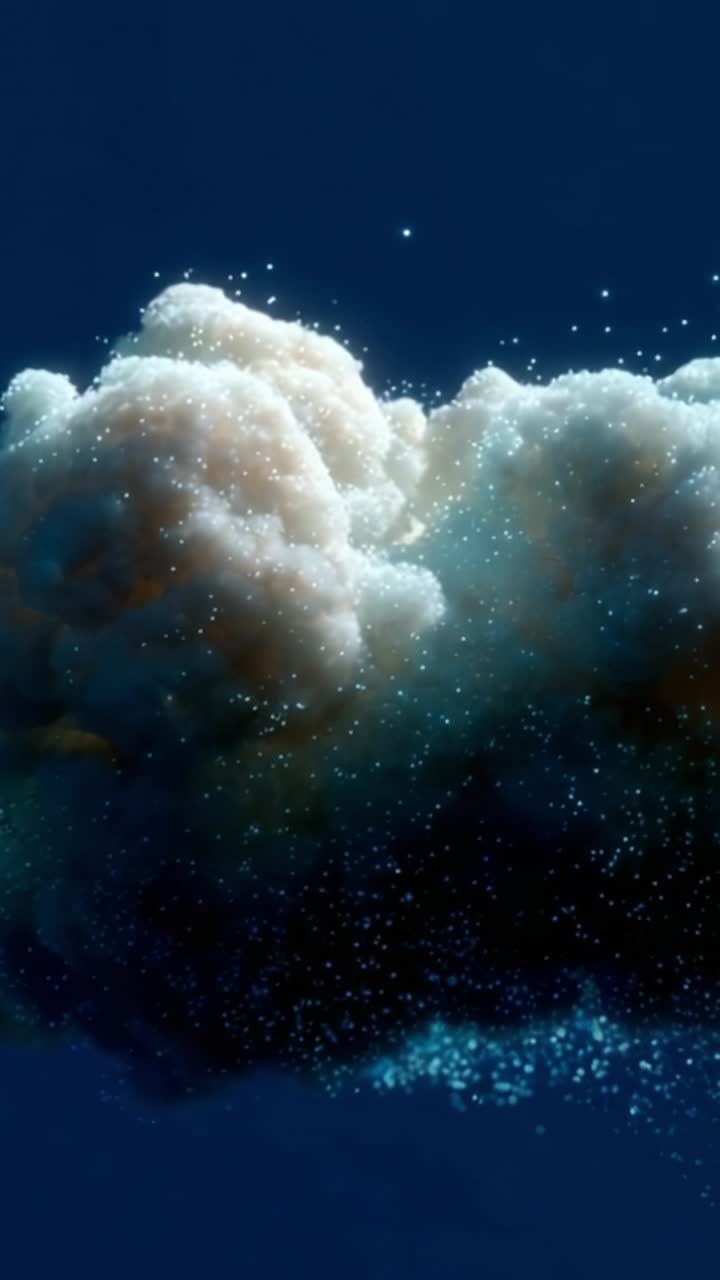 Ein fesselndes Bild einer leuchtenden Wolke mit funkelnden Partikeln, die vor einem dunklen Hintergrund schweben und ein Gefühl von Staunen und Ruhe hervorrufen.