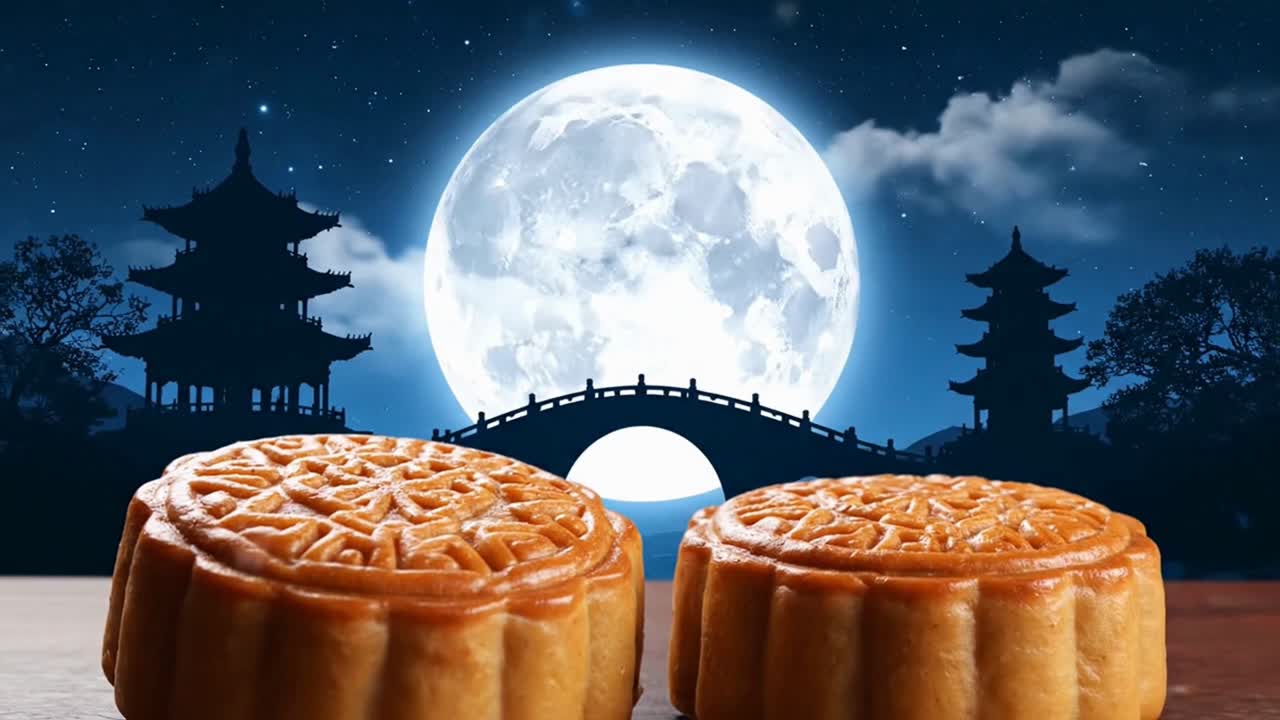 Traditional Chinese Mooncakes with a Full Moon and Pagoda Scenery