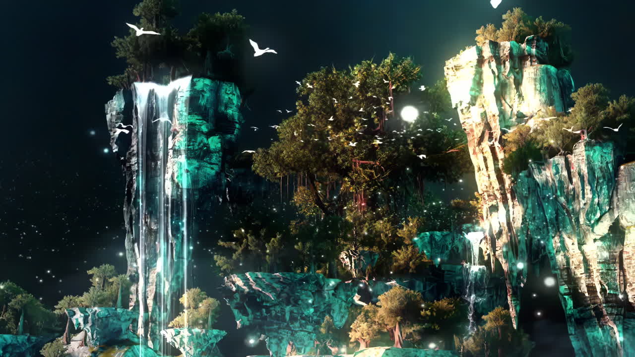 신비한 풍경 중국의 전통 동양 디지털 예술 애니메이션, 중국 레트로 페인팅 잉크, 파티와 함께 안개 산, 결혼 축제, 폭포, 물, 역동적인 꿈 같은 배경