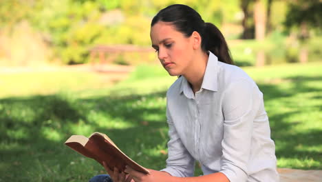 Darkhaired-woman-reading-a-book-