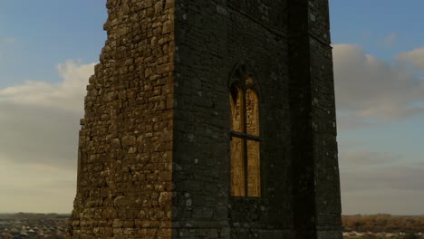 Close-up-aerial-orbit-of-St-Mary's-Abbey-tower-window