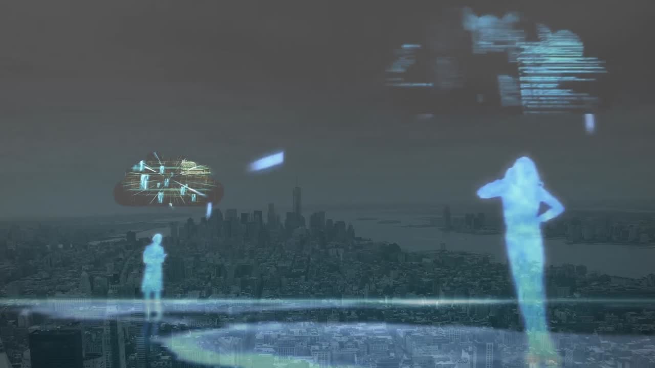 데이터 처리 및 디지털 사람들의 도시 풍경의 애니메이션