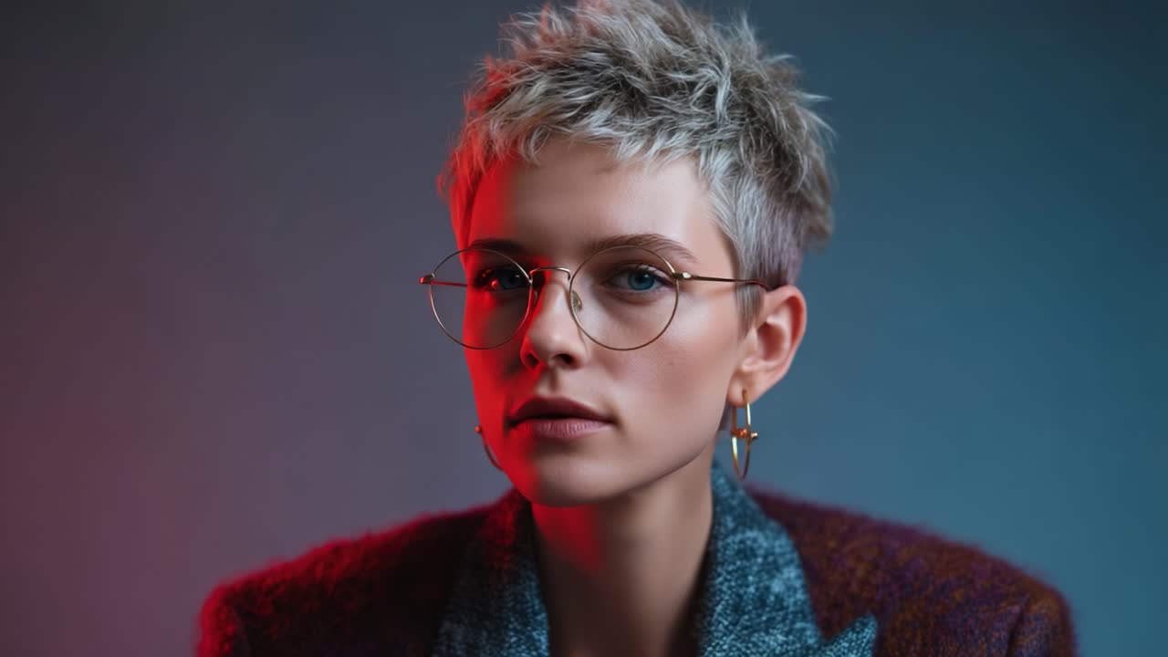 Ritratto di sicurezza: persona elegante con capelli corti, occhiali e un innato senso della moda, immortalata in un ambiente artistico e luminoso