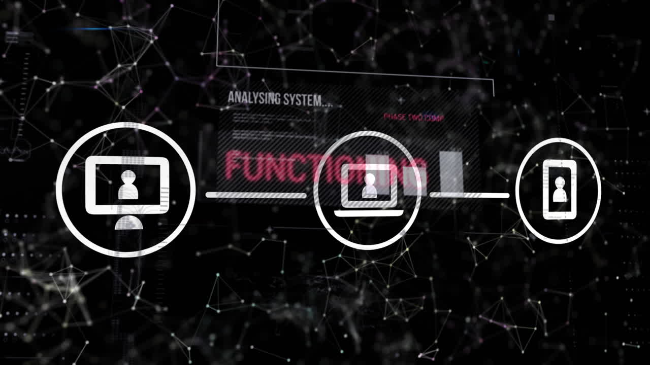 Animation of laptop, computer, phone icons forming flowchart, computer language and connected dots