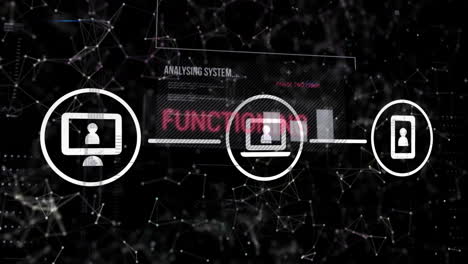 animación de iconos de portátiles, computadoras y teléfonos que forman un diagrama de flujo, lenguaje informático y puntos conectados