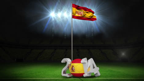 spain national flag waving on football pitch with message