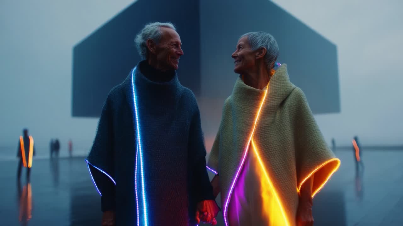 An intimate moment illuminated as two elderly individuals share a joyful connection under vibrant, glowing apparel, framed by an abstract architectural backdrop in a rainy atmosphere
