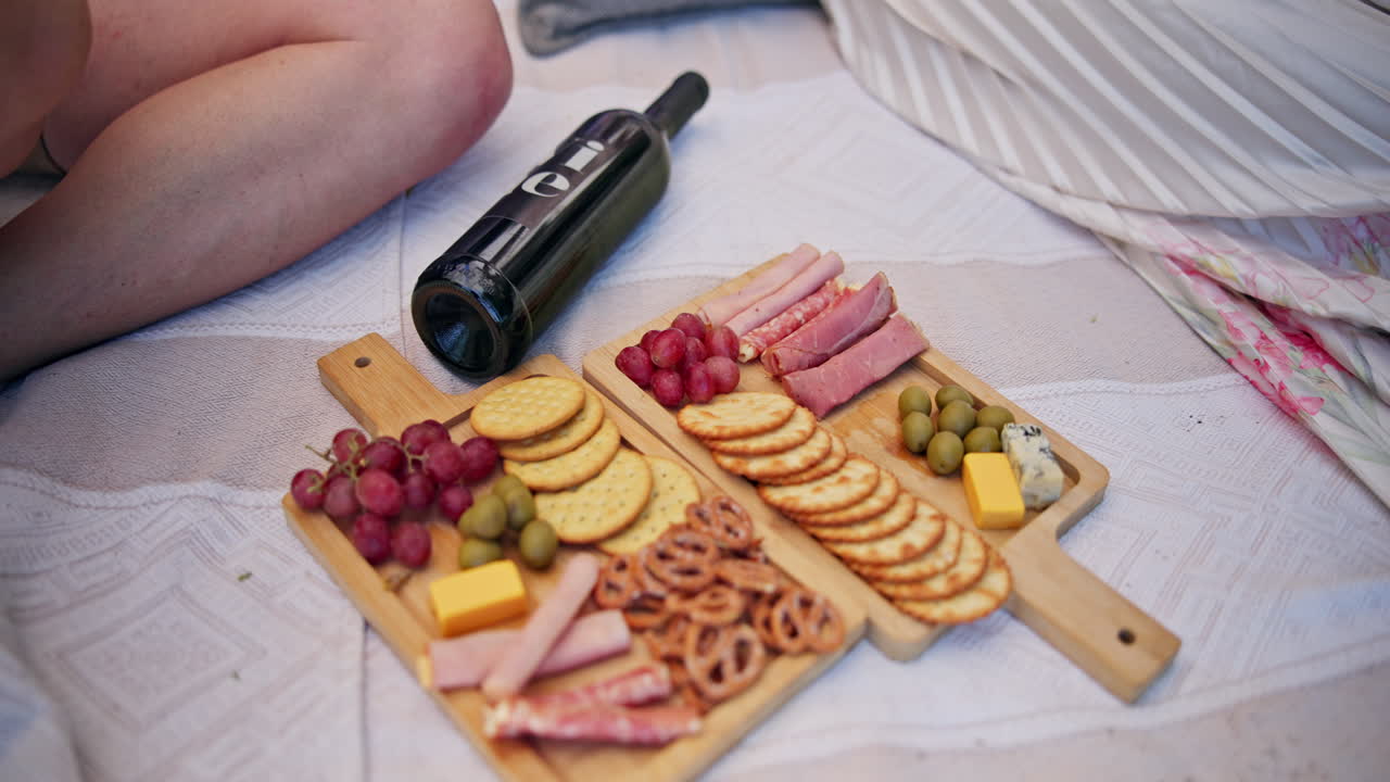 Вкусная сырная и мясная тарелка с вином для пикника на природе