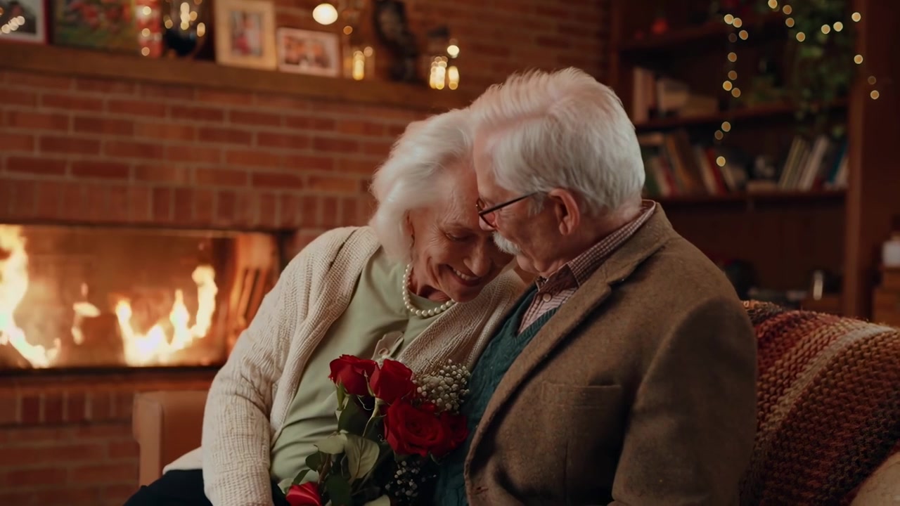 Happy Senior Couple Sharing a Romantic Moment with Red Roses by the Fireplace