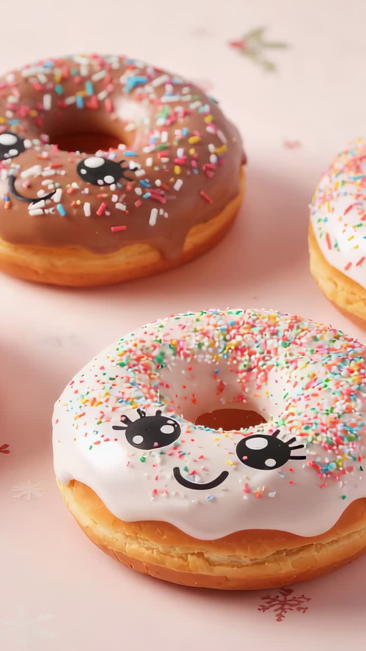 Vertical video: Shifting camera showing donut cluster with face decals and sprinkles on pink table