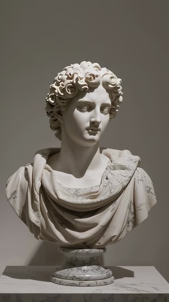 Vertical video: Camera panning rightward and zooming into gallery, showing marble bust on pedestal