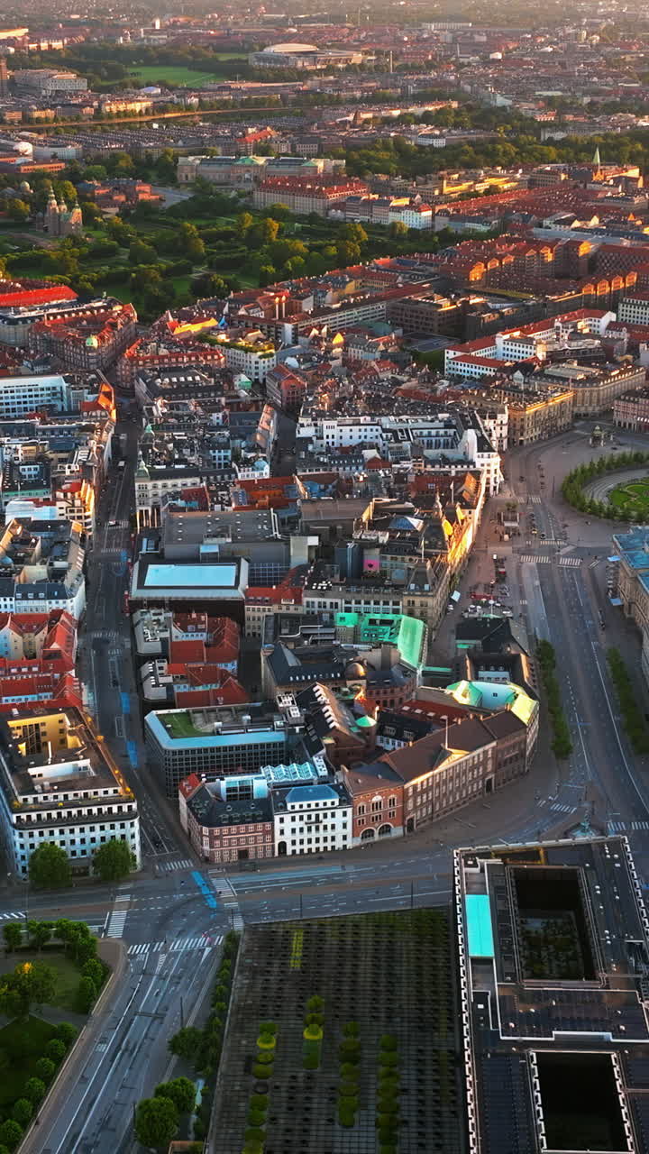 Aerial drone view of the city centre of Copenhagen, Denmark at sunset. Vertical