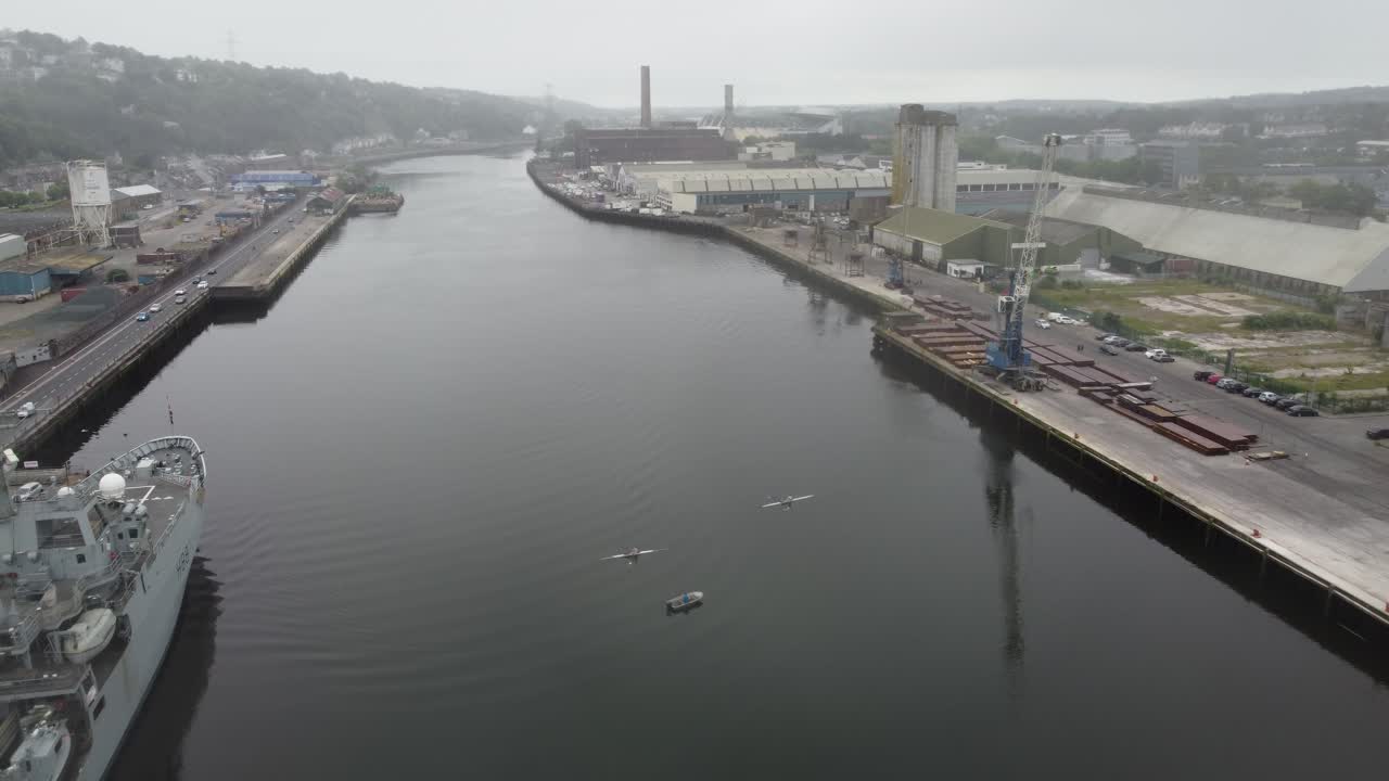 HMS Enterprise moored at The Docklands Quay Cork South Ireland drone aerial view