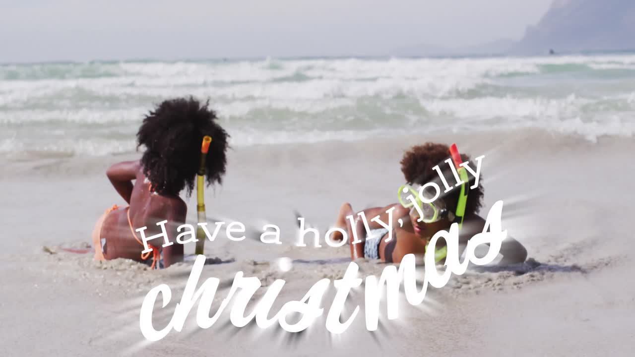 animación de tener una holly jolly navidad sobre niños africanos americanos felices en la playa.