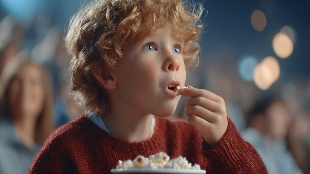 A Young Boy Enjoys Popcorn While Watching a Movie, Capturing the Joy and Anticipation of Cinema in a Heartwarming Moment